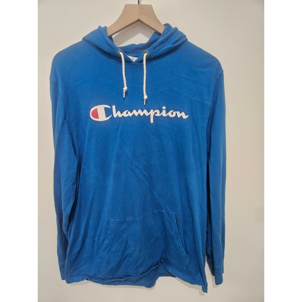 Champion Mens Blue Script Logo‎ Lightweight Long Sleeve Hoodie T-shirt T4177 L